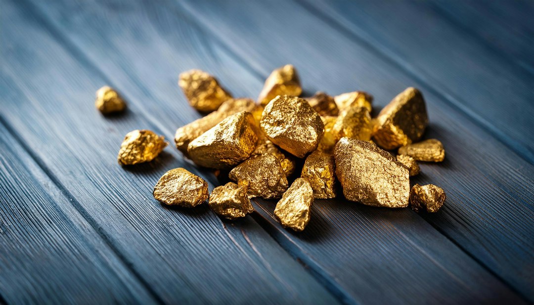 A pile of gold nuggets sitting on top of a wooden table