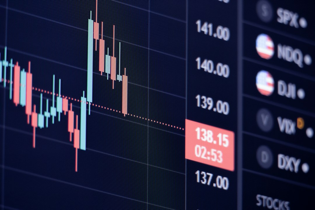 A digital financial candlestick chart showing market trends on a dark screen
