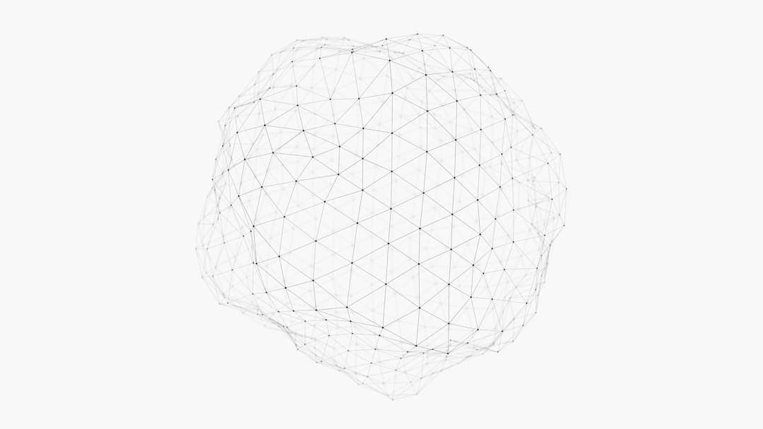 A spherical wireframe structure composed of interconnected black dots and thin lines
