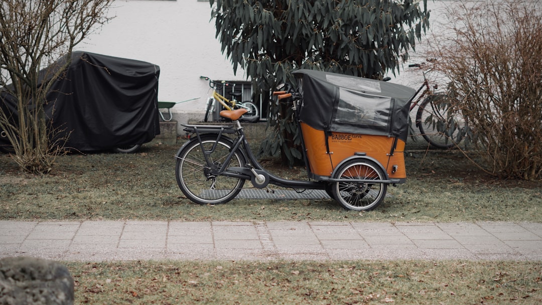 Orange cargo bicycle parked on grassy area.