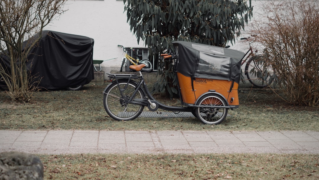 Orange cargo bicycle parked on grassy area.