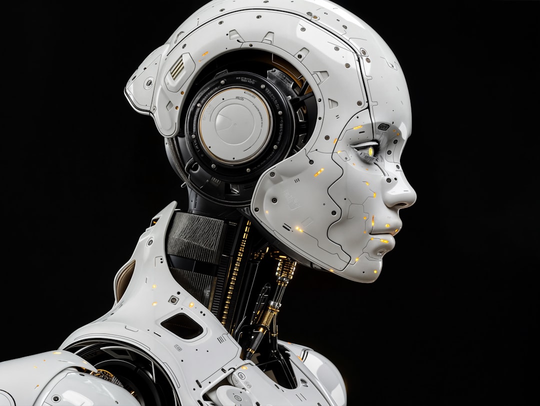 A white robot is standing in front of a black background