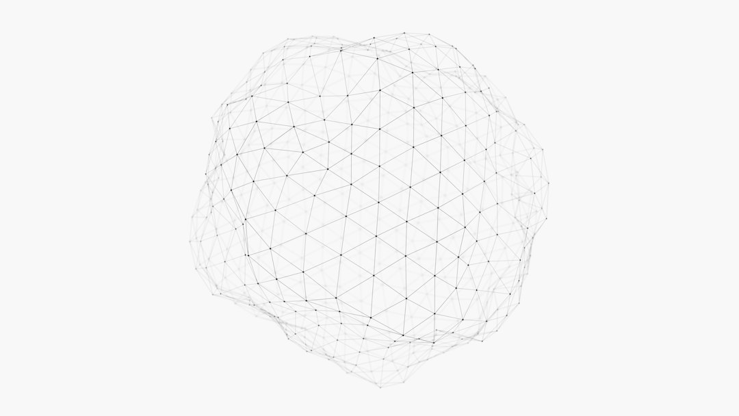A spherical wireframe structure composed of interconnected black dots and thin lines