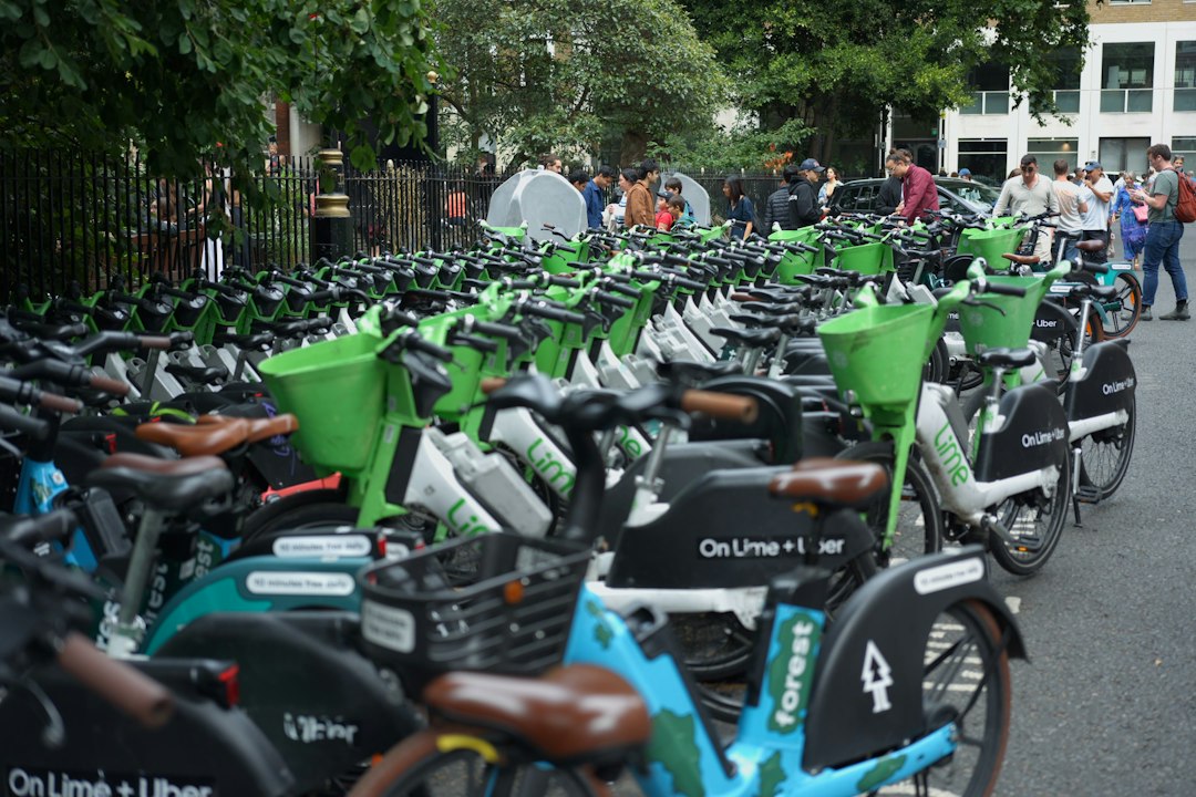 Rows of green rental bicycles lined up outdoors