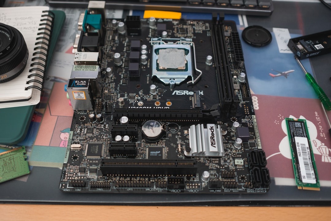 Computer motherboard with cpu socket and components.