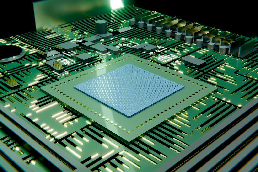 A green circuit board with a central blue microchip