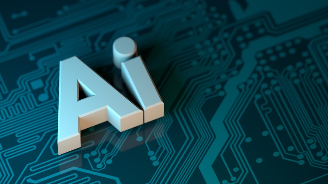 The letters AI in white 3D block font on a dark teal circuit board