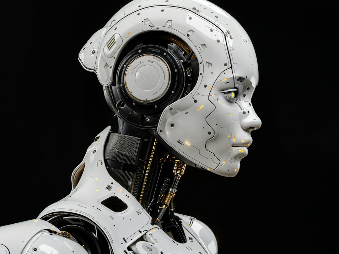 A white robot is standing in front of a black background
